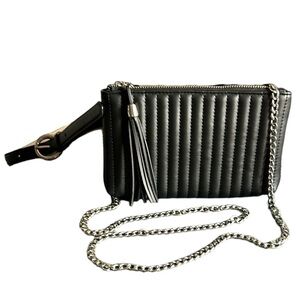 Quilted Black Faux Leather Crossbody Convertible Belt Bag with Chain